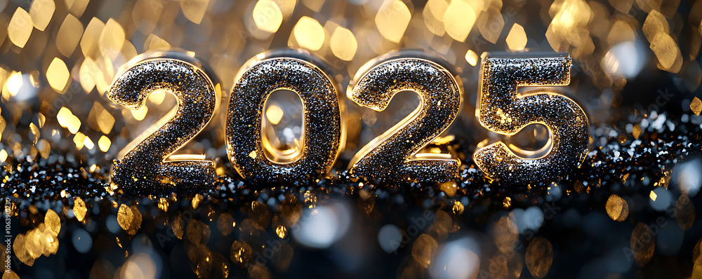 A golden glittered 3D representation of the number 2025, standing against a festive background filled with bokeh lights, capturing the excitement of New Year celebrations. A golden glittered 3D representation of the number 2025, standing against a festive background filled with bokeh lights, capturing the excitement of New Year celebrations.