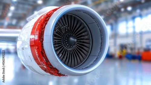 Implement mechatronics in aerospace for active vibration control in aircraft structures, Close-up of a jet engine turbine showcasing intricate details and technology. photo