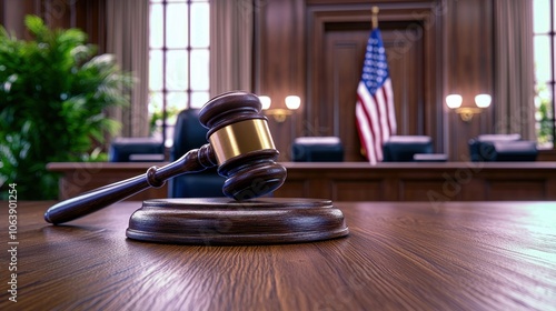 Close-up of a law gavel on a wooden table in a court chamber with an American flag, in a Courtroom for a Major Fraud Case