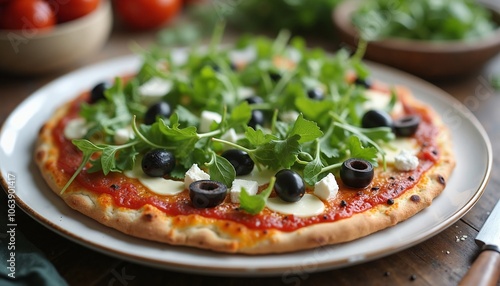 Gourmet Vegetarian Pizza with Fresh Arugula and Olives on Rustic Wooden Table