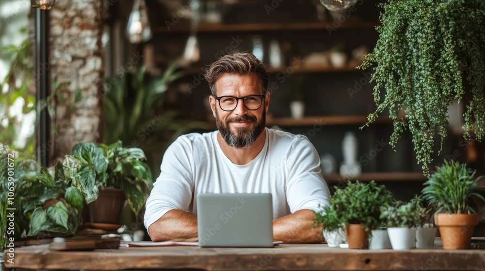 A content man with glasses sits at a laptop in a cozy café surrounded by lush houseplants, creating a serene and productive environment for work and relaxation. A content man with glasses sits at a laptop in a cozy café surrounded by lush houseplants, creating a serene and productive environment for work and relaxation.