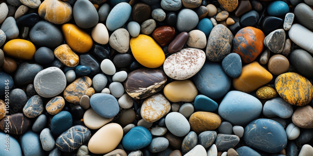 A collection of smooth, rounded stones in various shades of gray, blue, yellow, and brown, forming a textured and captivating background. A collection of smooth, rounded stones in various shades of gray, blue, yellow, and brown, forming a textured and captivating background.