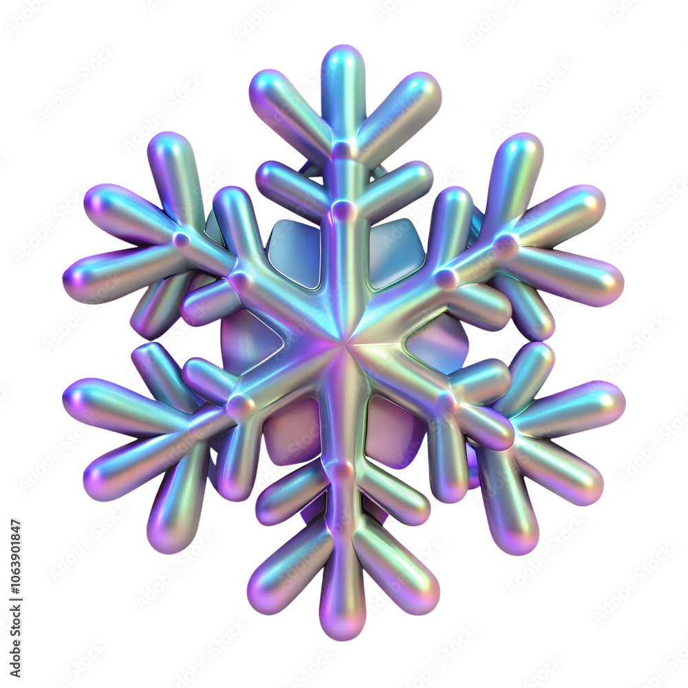 3D plastic holographic snowflake. Realistic 3d element of shimmering metallic snowflake isolated on white background 3D plastic holographic snowflake. Realistic 3d element of shimmering metallic snowflake isolated on white background
