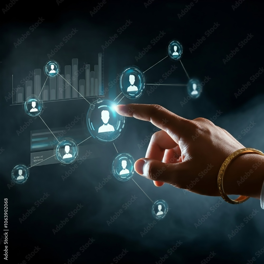 A hand interacts with a digital display showcasing a network of interconnected individuals, possibly representing social connections or data analysis. A hand interacts with a digital display showcasing a network of interconnected individuals, possibly representing social connections or data analysis.
