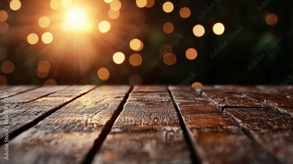 A rustic wooden table is illuminated by soft, warm sunlight, with an array of blurry, glowing bokeh lights in the background, creating a cozy atmosphere. A rustic wooden table is illuminated by soft, warm sunlight, with an array of blurry, glowing bokeh lights in the background, creating a cozy atmosphere.