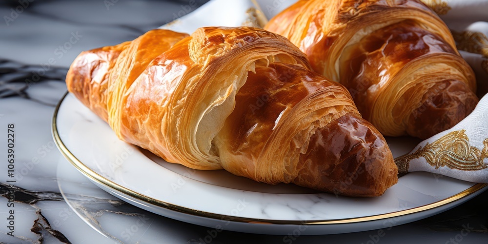 Two freshly baked croissants on a white plate with a gold rim, set against a marble background. The croissants have a golden-brown hue and a flaky texture, creating an inviting and delectable image. Two freshly baked croissants on a white plate with a gold rim, set against a marble background. The croissants have a golden-brown hue and a flaky texture, creating an inviting and delectable image.