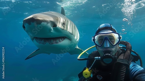Wallpaper Mural A thrilling underwater scene of a scuba diver capturing a selfie with a massive shark swimming just beneath the ocean's surface, reflecting the excitement of marine life. Torontodigital.ca