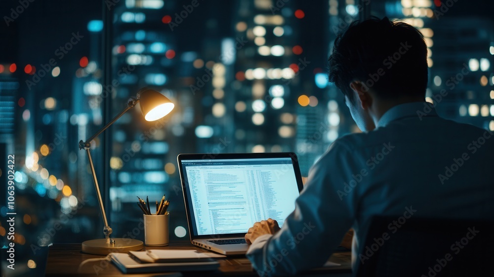 A dedicated worker focused on late-night tasks in a modern office with a glowing city skyline in the background A dedicated worker focused on late-night tasks in a modern office with a glowing city skyline in the background