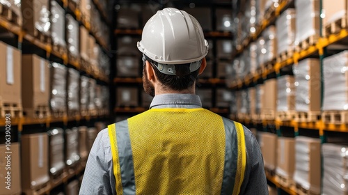 Warehouse operations, Warehouse worker in safety gear inspecting inventory, rows of stacked boxes in a large storage facility.