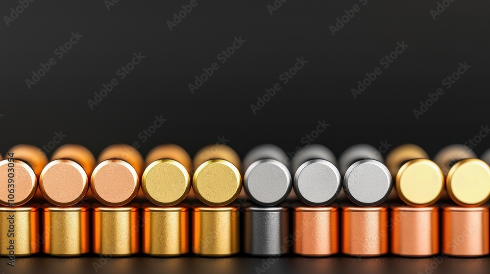 Design composite materials combining metals and ceramics for enhanced properties, A collection of metallic battery cells arranged in a row Design composite materials combining metals and ceramics for enhanced properties, A collection of metallic battery cells arranged in a row