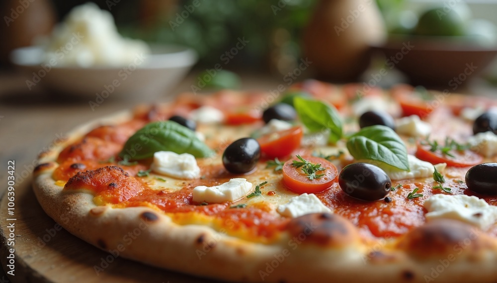 Mouthwatering Mediterranean Pizza with Fresh Toppings on Rustic Wooden Table Mouthwatering Mediterranean Pizza with Fresh Toppings on Rustic Wooden Table