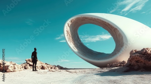 An awe-struck figure gazes at a massive, tilted circular object in a barren desert landscape, highlighting themes of exploration, solitude, and surreal beauty. photo