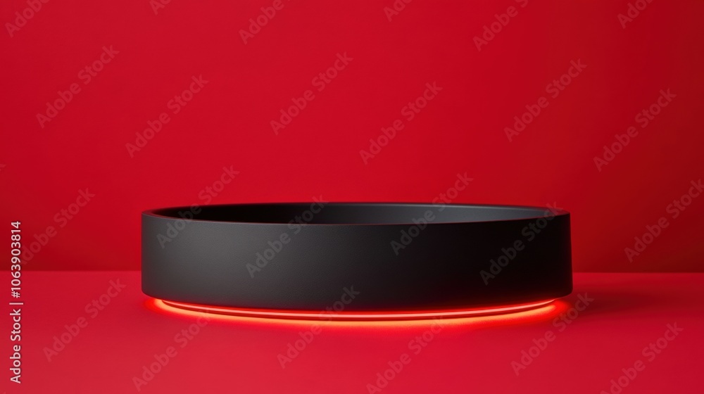 A sleek black bowl with a glowing red base is set against a vibrant red background, ideal for modern design concepts, product showcases, and advertising