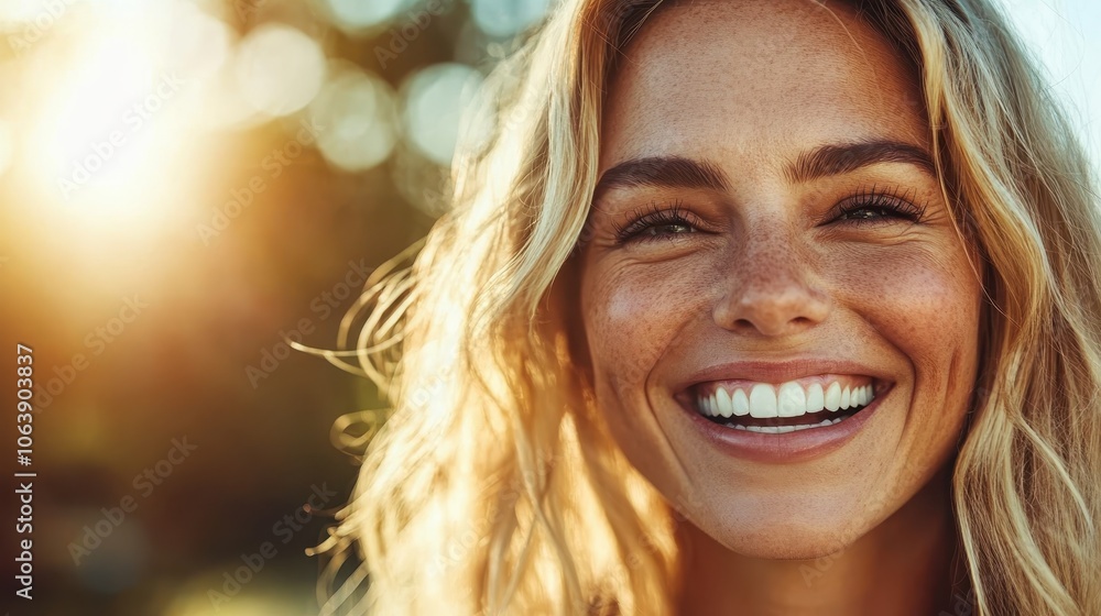 A woman smiles broadly with hair blown by the wind, caught in warm sunlight. Her expression exudes joy, with a blurred, sunlit background creating a serene feel. A woman smiles broadly with hair blown by the wind, caught in warm sunlight. Her expression exudes joy, with a blurred, sunlit background creating a serene feel.
