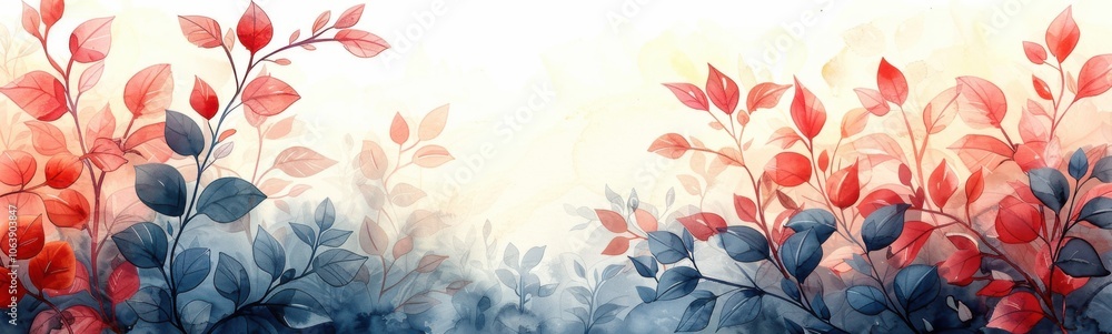 Painting of a red and blue plant with leaves on a white background, plant background, banner, copy space Painting of a red and blue plant with leaves on a white background, plant background, banner, copy space