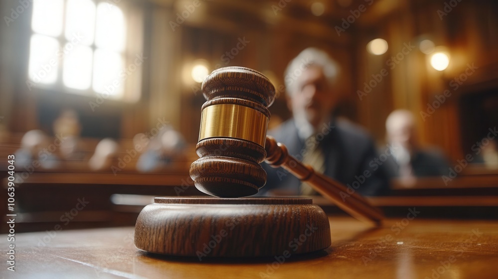 Close-up of a gavel on a wooden table with a blurred, sorrowful defendant in the background during a court hearing Close-up of a gavel on a wooden table with a blurred, sorrowful defendant in the background during a court hearing