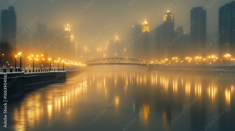 Fototapeta premium Illuminated city skyline reflected in misty river with glowing lights and enchanting fog