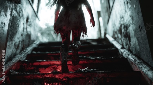 A shadowy figure climbs a dilapidated, eerie staircase, with red underlighting casting an ominous atmosphere, creating tension and fear reminiscent of horror media. photo