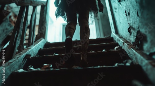 A person with dirty feet is captured ascending a dimly lit, rubble strewn staircase, creating an eerie and suspenseful atmosphere with a sense of mystery. photo