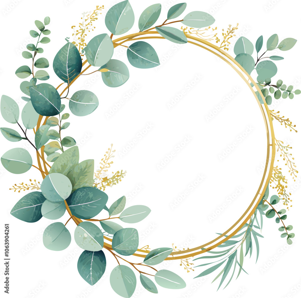 Fototapeta premium Golden Eucalyptus Wreath Floral Circle Frame