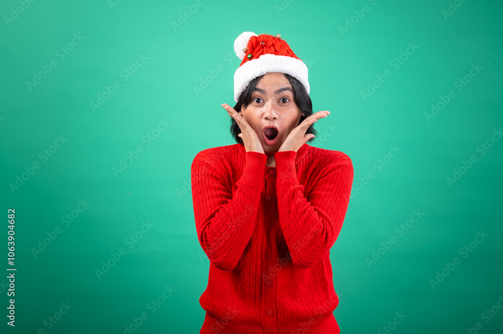 An Asian woman in a red sweater and Santa hat holds her hands to her face with an expression of surprise and wide eyes, standing against a green background. She exudes a festive, playful vibe An Asian woman in a red sweater and Santa hat holds her hands to her face with an expression of surprise and wide eyes, standing against a green background. She exudes a festive, playful vibe