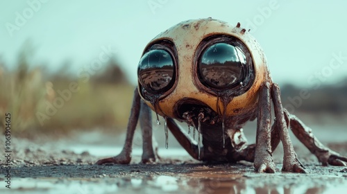 A peculiar bug-like creature with enormous eyes crawls through a muddy landscape, depicting a sense of adventure and strangeness in a fantastical setting. photo