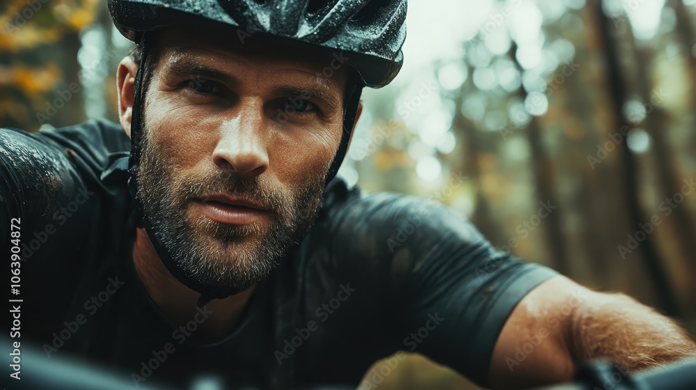 A determined mountain biker rides through a dense forest trail with focused intensity, wearing a black helmet and gear, amidst the earthy colors of autumn leaves. A determined mountain biker rides through a dense forest trail with focused intensity, wearing a black helmet and gear, amidst the earthy colors of autumn leaves.