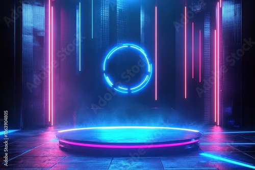 Futuristic Podium with Glowing Light Rings and Abstract Tech Background