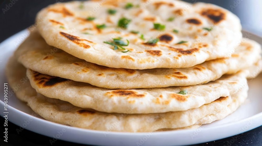 Homemade whole wheat naan flatbread on a white plate ready for serving in a cozy kitchen setting Homemade whole wheat naan flatbread on a white plate ready for serving in a cozy kitchen setting