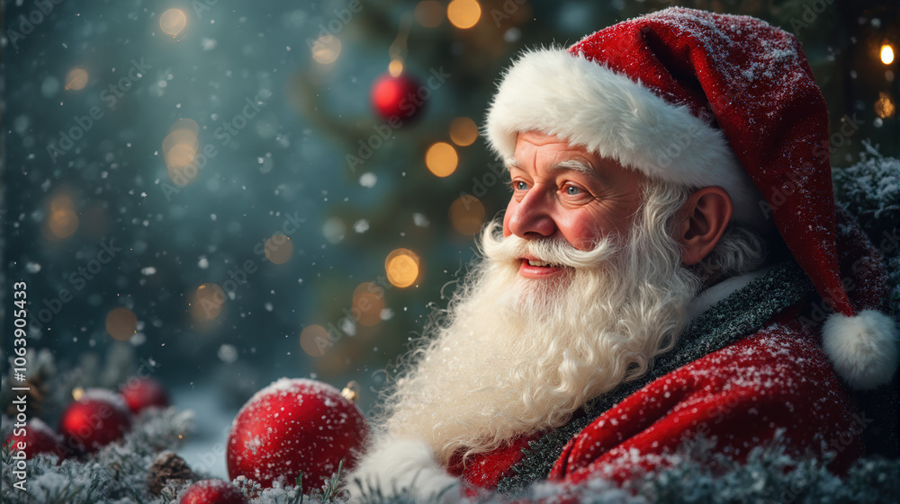 Santa Claus Enjoying a Snowy Winter Evening by the Festive Christmas Tree With Ornaments Shining Brightly in the Background, Celebrating the Joy of the Holiday Season Amidst Decorations and Cozy Cheer Santa Claus Enjoying a Snowy Winter Evening by the Festive Christmas Tree With Ornaments Shining Brightly in the Background, Celebrating the Joy of the Holiday Season Amidst Decorations and Cozy Cheer