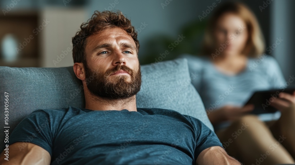 A man lying back on his couch appears deep in thought, showing a calm and relaxed demeanor as he immerses himself in reflective introspection and solitude. A man lying back on his couch appears deep in thought, showing a calm and relaxed demeanor as he immerses himself in reflective introspection and solitude.
