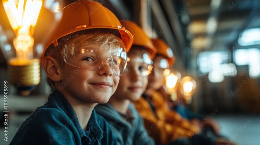 Cheerful kids in protective gear surround glowing light bulbs, embodying teamwork and the joy of discovery in a warm, cooperative, and imaginative environment. Cheerful kids in protective gear surround glowing light bulbs, embodying teamwork and the joy of discovery in a warm, cooperative, and imaginative environment.