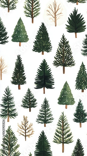 A vintage Christmas tree pattern featuring various styles of trees on a white background ideal for holiday decorating and seasonal crafts