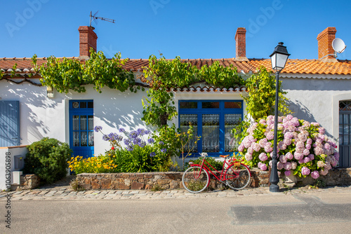 Fototapeta Naklejka Na Ścianę i Meble -  Vieux vélo rouge dans les rue d'un village de Vendée en France.