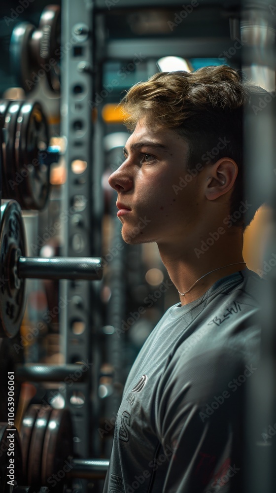 Man that is standing in a gym with a rack Man that is standing in a gym with a rack