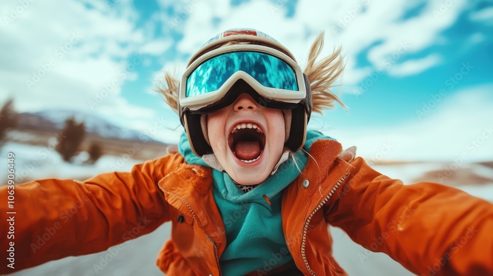 A cheerful child wearing a helmet and goggles exudes excitement on a thrilling outdoor adventure, capturing the essence of youthful joy and freedom. A cheerful child wearing a helmet and goggles exudes excitement on a thrilling outdoor adventure, capturing the essence of youthful joy and freedom.