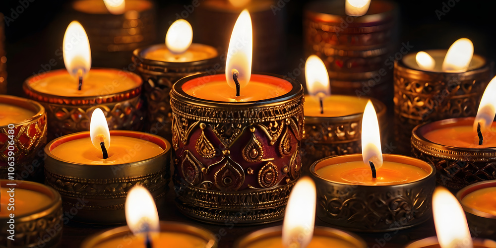 Illuminated Serenity: A captivating close-up of intricately designed, burning candles casting a warm, ambient glow. Perfect for themes of peace, spirituality, and cultural celebrations. Illuminated Serenity: A captivating close-up of intricately designed, burning candles casting a warm, ambient glow. Perfect for themes of peace, spirituality, and cultural celebrations.