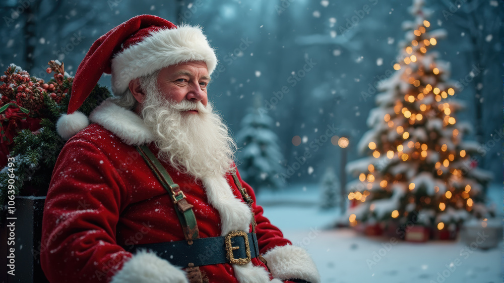 Santa Claus in a Winter Wonderland, Enjoying a Snowy Day Beside a Beautifully Decorated Tree During Holiday Season, Celebrating Joy, Tradition, and the Magic of Family Gatherings Santa Claus in a Winter Wonderland, Enjoying a Snowy Day Beside a Beautifully Decorated Tree During Holiday Season, Celebrating Joy, Tradition, and the Magic of Family Gatherings