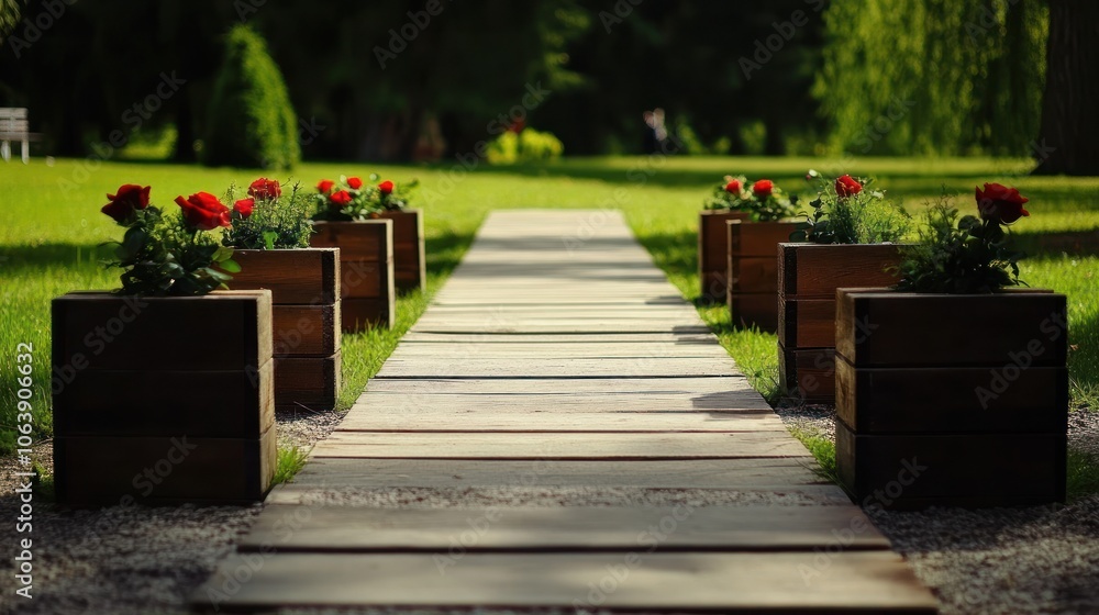 A serene pathway lined with flower pots in a lush green garden. A serene pathway lined with flower pots in a lush green garden.