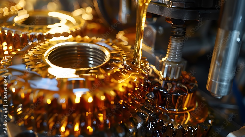 Close-up of metal gears coated in oil, turning smoothly within a motor, symbolizing precision and power in car service and mechanical engineering. Close-up of metal gears coated in oil, turning smoothly within a motor, symbolizing precision and power in car service and mechanical engineering.