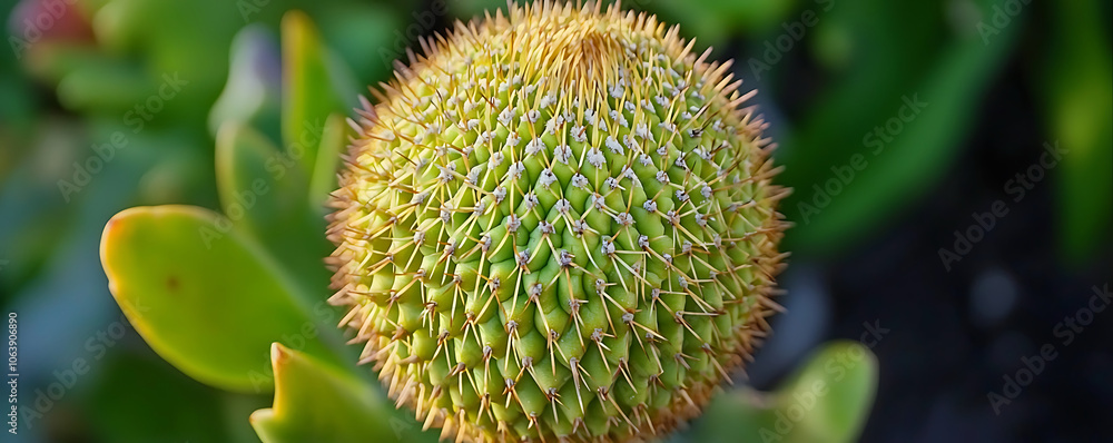 An overhead close-up view of a spherical cactus with intricate spiky details, showing the unique structure and sharp textures of the plant set against a desert landscape. An overhead close-up view of a spherical cactus with intricate spiky details, showing the unique structure and sharp textures of the plant set against a desert landscape.
