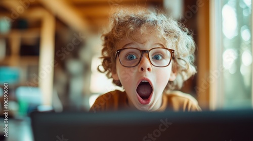 A young boy with curly hair and glasses expresses surprise while looking at a screen, depicting amazement or excitement in a warmly lit cozy setting.