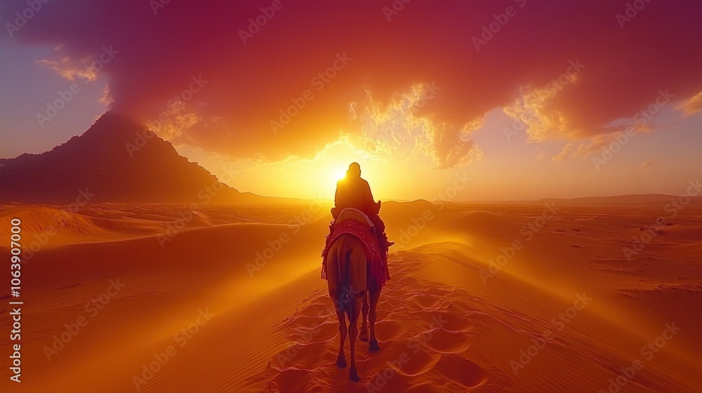 A lone camel rider journeys through the desert under a fiery sunset. A lone camel rider journeys through the desert under a fiery sunset.