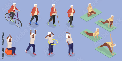 3D Isometric Flat Vector Illustration of Elderly Various Exercises, Active Seniors Engaging In Stretching, Cardio, Yoga, Pilates
