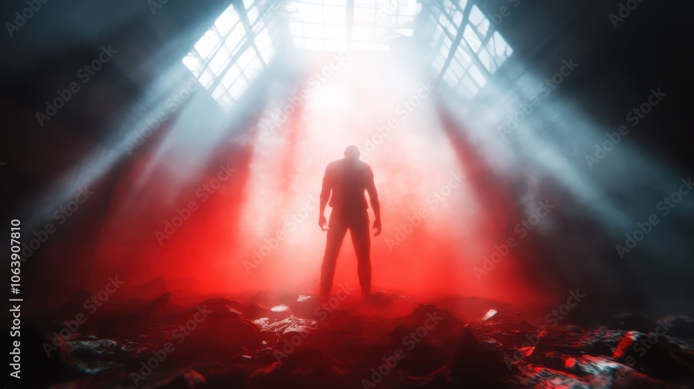 A powerful figure stands amid scattered debris, enveloped in dramatic red and white light, symbolizing strength, resilience, and transformation in adversity. A powerful figure stands amid scattered debris, enveloped in dramatic red and white light, symbolizing strength, resilience, and transformation in adversity.