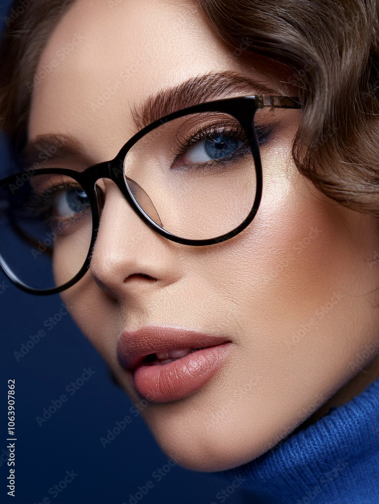 Portrait of a woman with stylish glasses against a dark blue background, showcasing elegant makeup and a sophisticated look. Portrait of a woman with stylish glasses against a dark blue background, showcasing elegant makeup and a sophisticated look.