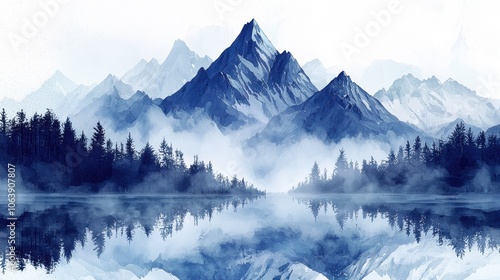 Serene Mountain Landscape Reflection in Blue Tones