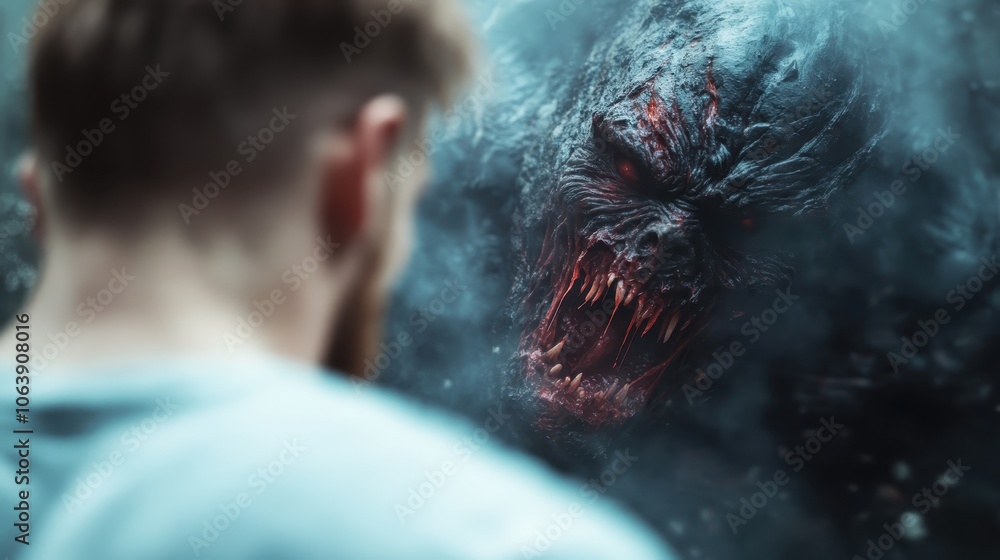 A person stands face-to-face with a terrifying, snarling beast emerging from a smoky, dark background, symbolizing the confrontation with inner demons in a suspenseful setting. A person stands face-to-face with a terrifying, snarling beast emerging from a smoky, dark background, symbolizing the confrontation with inner demons in a suspenseful setting.