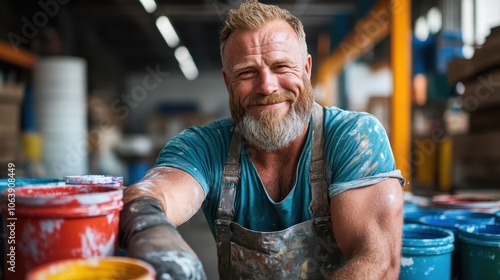 An artisan in a paint-covered workshop radiates a warm smile, showcasing pride and satisfaction amidst colorful paint cans and creative surroundings. photo