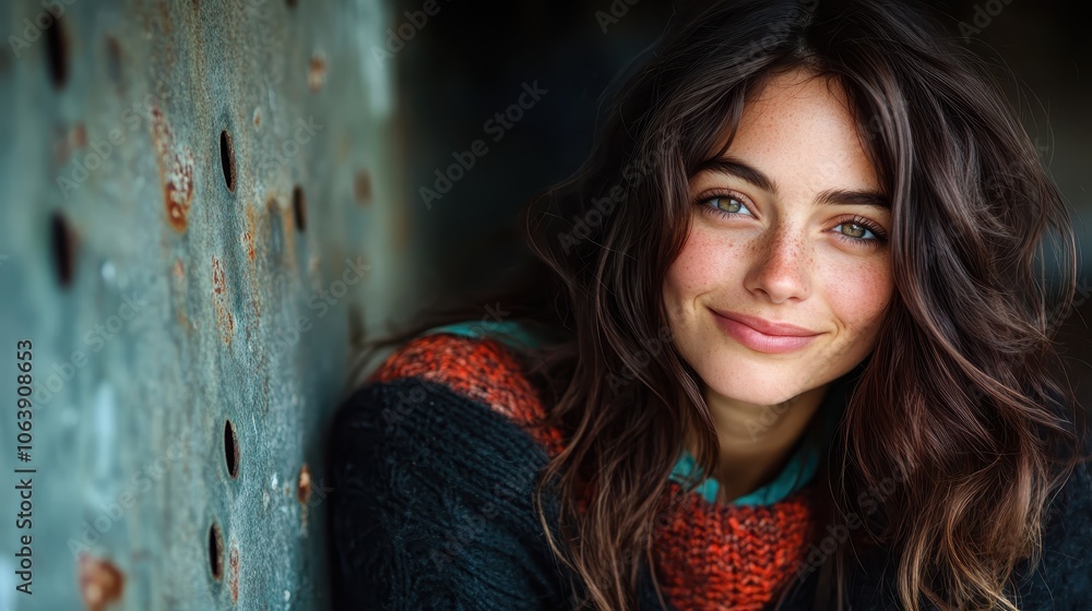 A charming young woman sits relaxed, leaning on a rustic wall, exuding warmth and peace. The artistic shot highlights her natural beauty and calm demeanor perfectly. A charming young woman sits relaxed, leaning on a rustic wall, exuding warmth and peace. The artistic shot highlights her natural beauty and calm demeanor perfectly.
